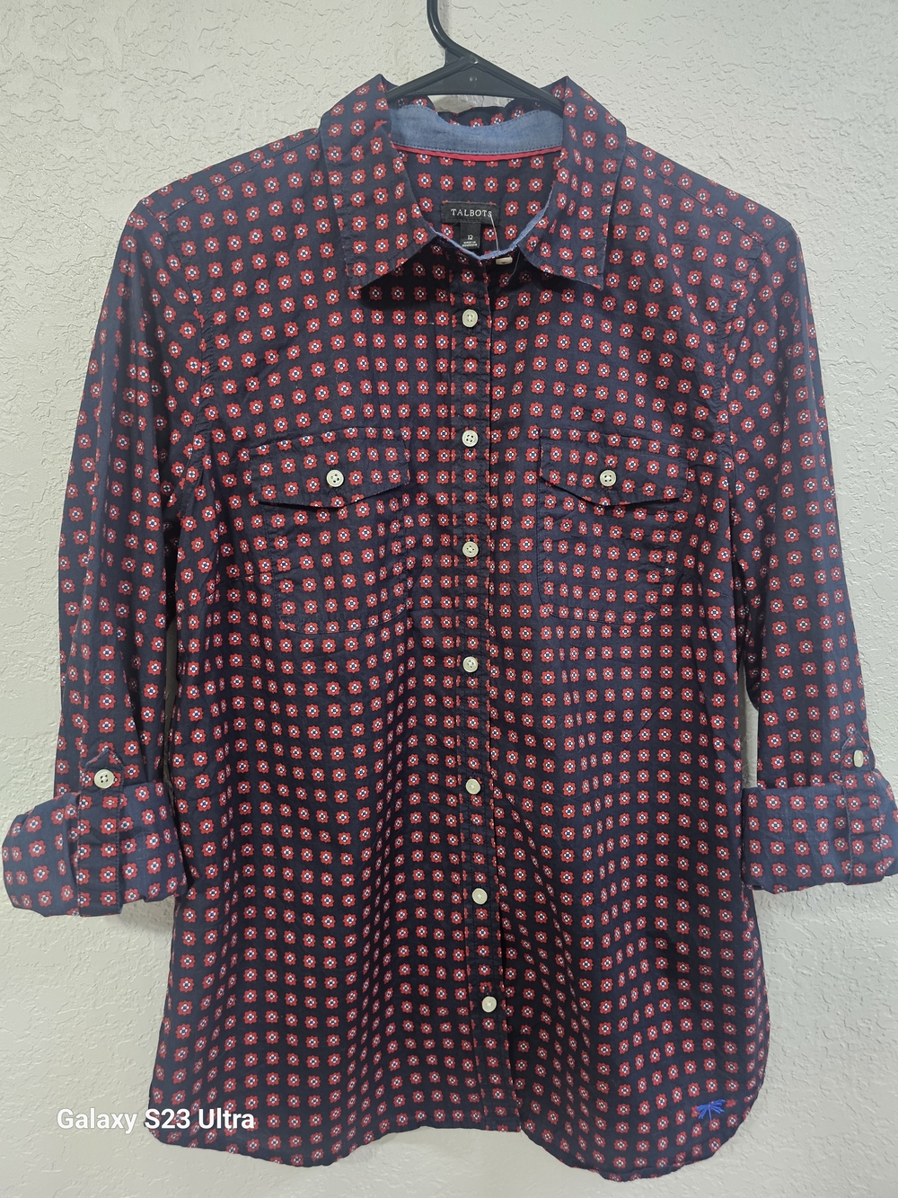 Talbots Woman Navy and Red Patterned Button-Up Shirt